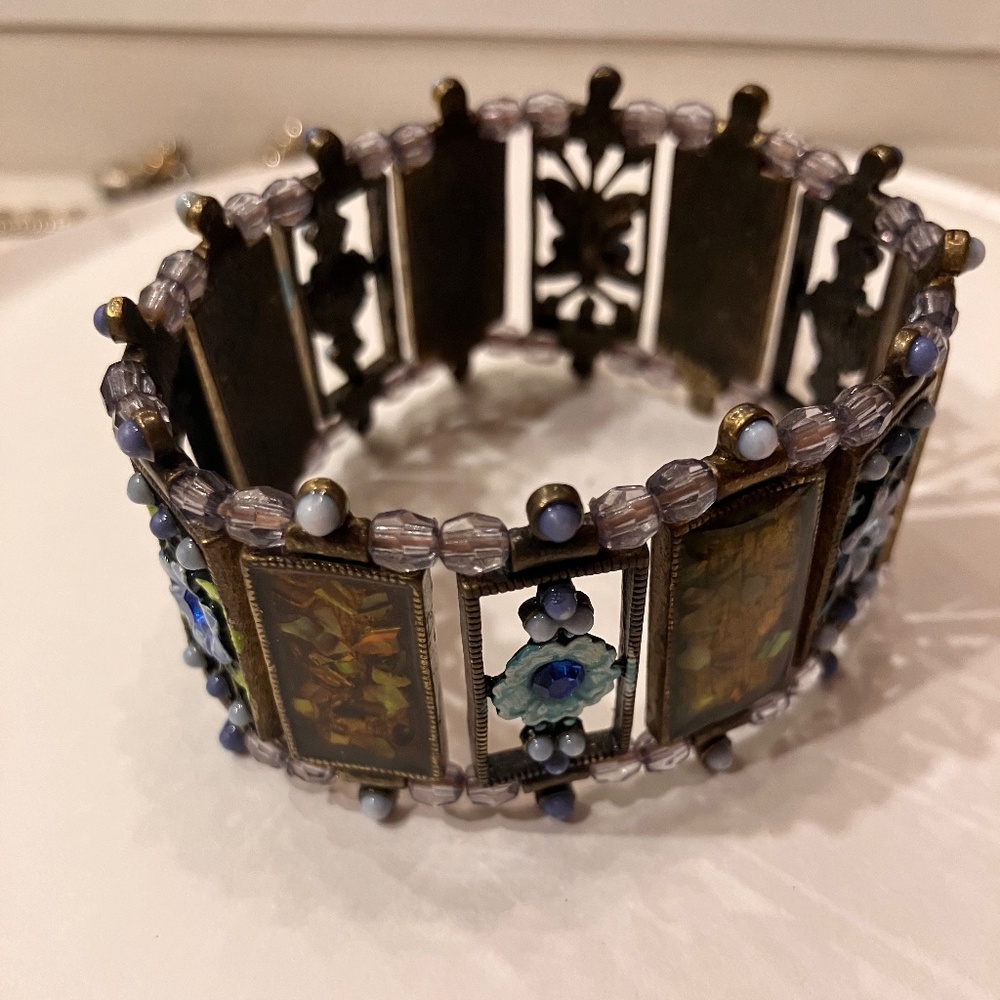 Vintage Floral Panel Beaded Crystals Bracelet